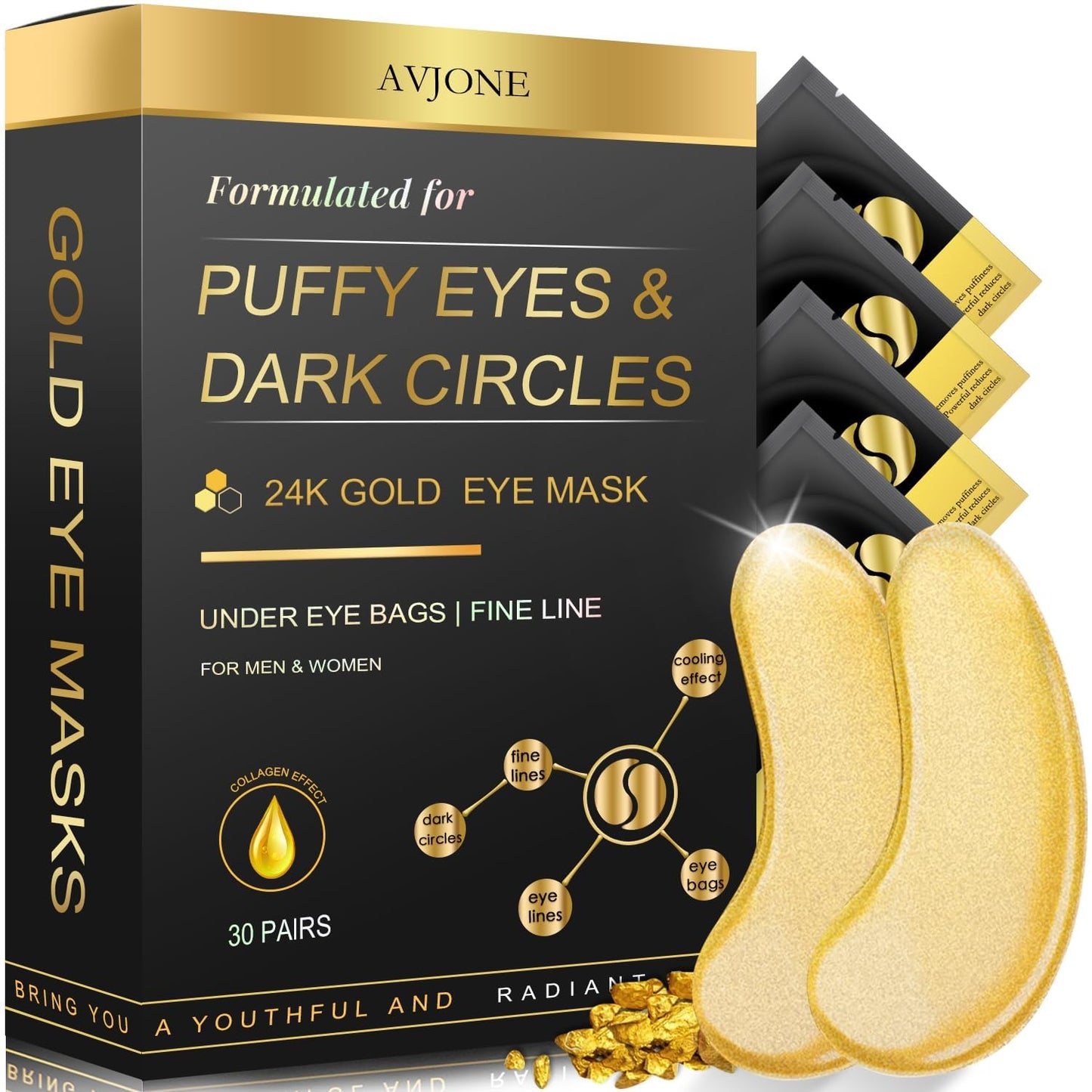 AVJONE 24K Gold Eye Mask -30 Pairs- Puffy Eyes and Dark Circles Treatments â Relieve Pressure and Reduce Wrinkles, Revitalize and Refresh Your Skin (30 Pairs)