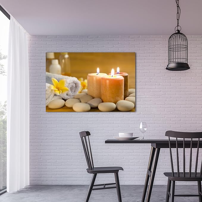 GUTTATY Zen Wall Art Decor, Modern Bathroom Zen Decor Wall Art, Zen Relaxing Canvas Wall Art for Spa Room Decor, Pebble and Lighted Candles Zen Canvas Prints for Office & Spa Wall Decor 24x36 Inches