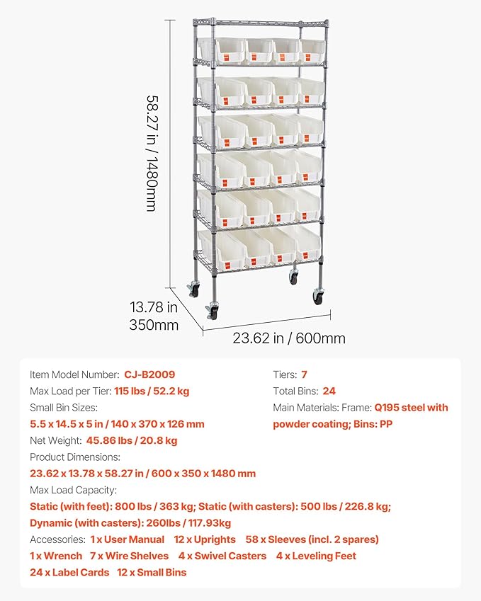 VEVOR 7-Tier Rolling Bin Storage Rack, 24 Small Bins, Bin Rack Storage Steel Wire Shelving System with Wheels, Mobile Tool Organizer for Garage, Warehouse, Office, Restaurant, Classroom, Kitchen