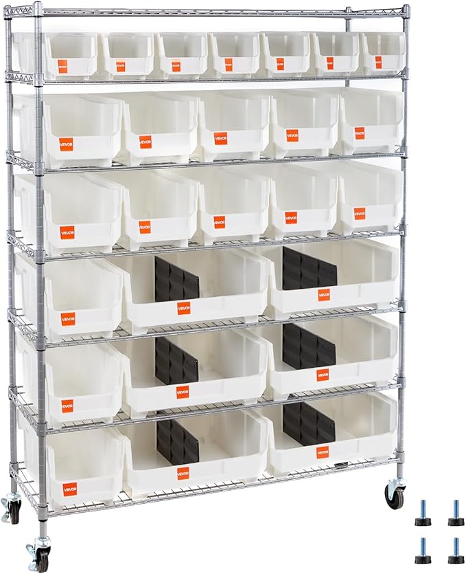 VEVOR 7-Tier Rolling Bin Storage Rack, 26 Organizer Bins, Bin Rack Storage Steel Wire Shelving System with Wheels, Mobile Tool Organizer for Garage, Warehouse, Office, Restaurant, Kitchen, Classroom