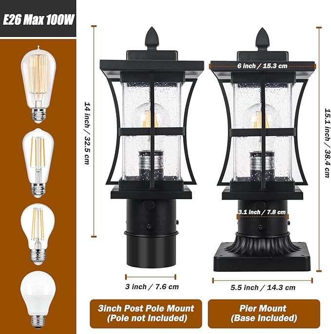 2 Packs Dusk to Dawn Outdoor Post Light Fixture with Pier Mount Base - Black Outdoor Pole Lighting, Waterproof Pillar Lantern, Modern Outside Column with Seeded Glass for Pathway, Garden, Patio,