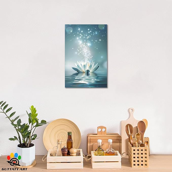 Zen White Lotus Flower Canvas Wall Art, Lotus Floral Pictures Wall Print, Spiritual Water Lily Canvas Prints, Lotus Bloom on Water Poster, Zen Meditation Spiritual Artwork for Yoga Spa Room 32x48 inch