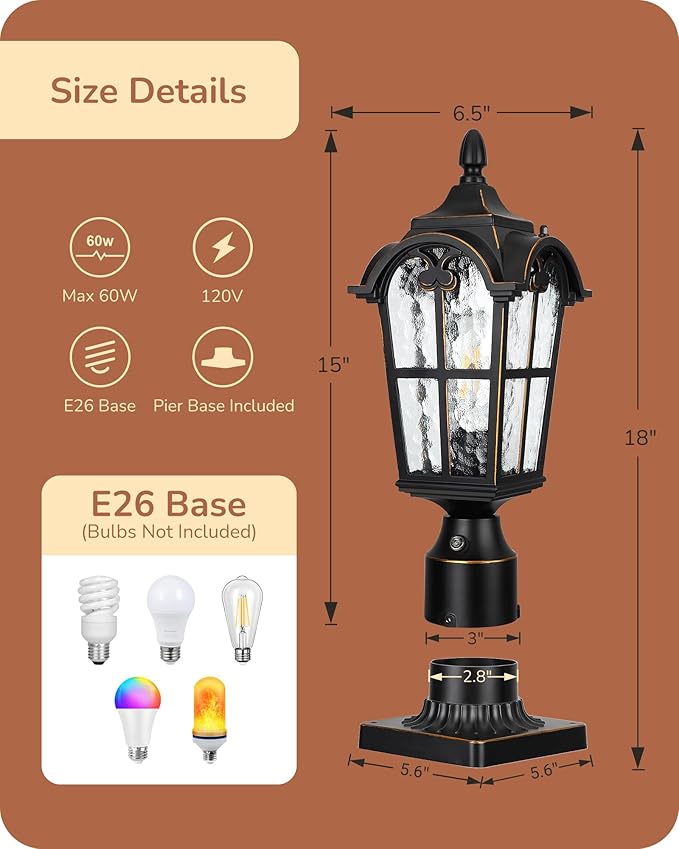 EDISHINE Dusk to Dawn Outdoor Post Light with Pier Mount Base, Hardwired Black Roman Waterproof Pole Lantern Fixture, Water Ripple Glass Exterior Lamp Post Light for Driverway, Patio, Pathway