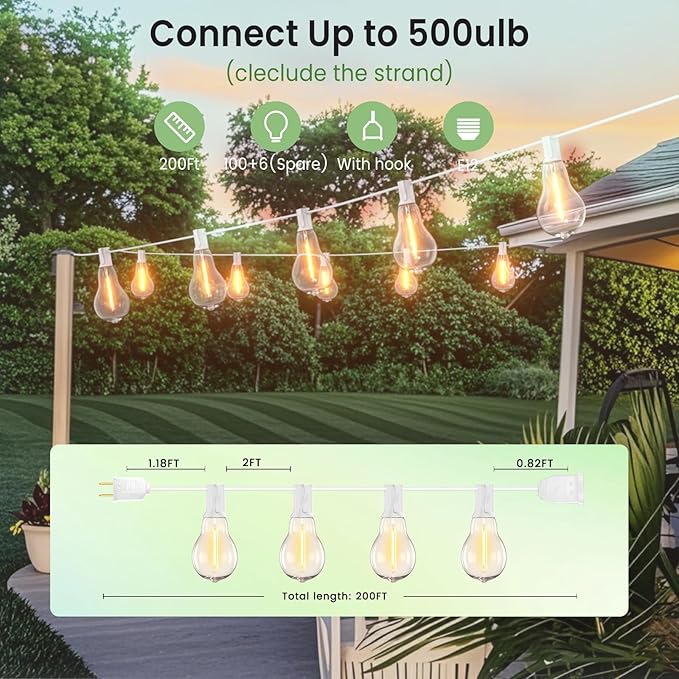 String Lights for Outside 200FT Patio Lights, LED String Light with 100+6(Spare) Waterproof Edison Bulbs, Hanging White Outdoor Light for Backyard, Bistro, Porch, Balcony White Cord