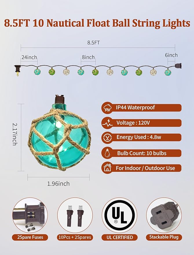 8.5Ft Nautical Fishing Float String Lights, Plug in Beach Themed Buoy Lights Set of 10 LED Tiki Bar Lights Indoor Home Decor and Outdoor Patio Decorations-Blue/Green/White