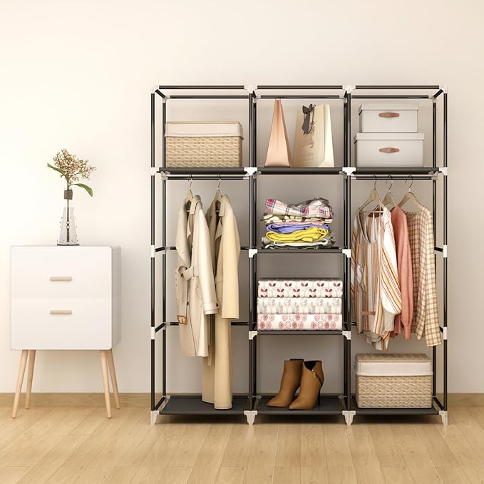 Portable Closet Wardrobe, 51-Inch Clothes Organizer with 2 Hanging Rods and 8 Shelves, Non-Woven Fabric Cover, Medium Capacity Storage for Bedroom and Living Room, Black