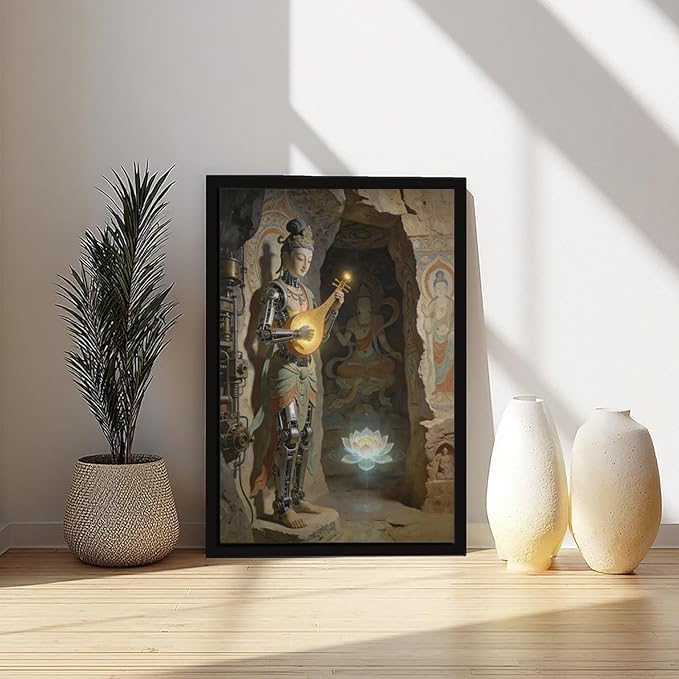 Framed Steampunk Mechanical Fairy Wall Art - Cultural Retro-Futuristic Poster for Home Office Bedroom Decor 16x24in