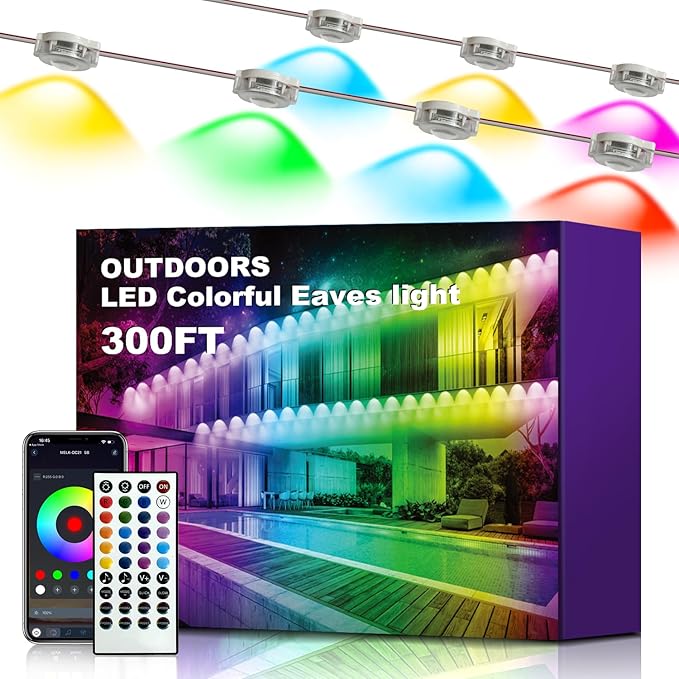 XINKAITE 300FT Permanent Outdoor Lights with 150 LEDs - Smart RGB+IC with 16 Million Colors, IP67 Waterproof, App & Remote Control, Hundreds of Modes for Holidays, Christmas & Home(2 Rolls 150FT)