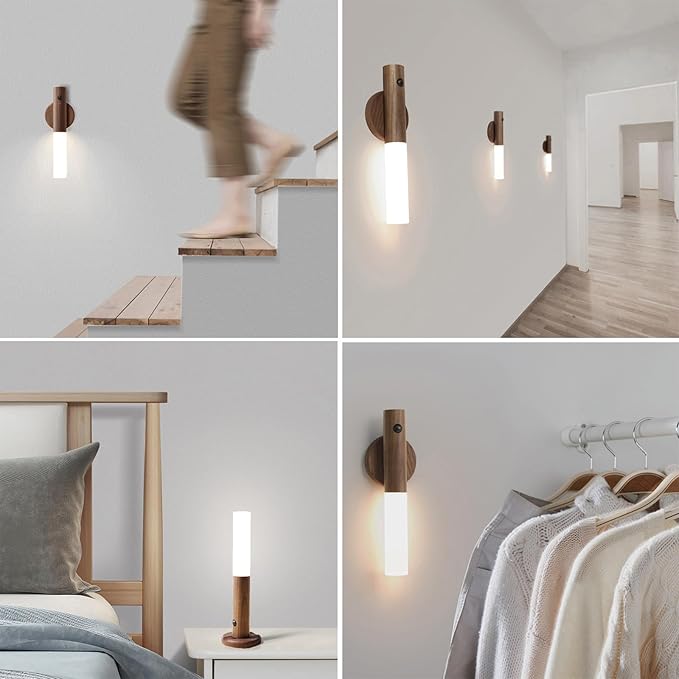Rechargeable Night Light Motion Sensor Battery Operated Wall Sconces Set of Two Wireless Portable Wall Lights Magnetic for Hallway Bedroom Cabinet, 3000K Warm White