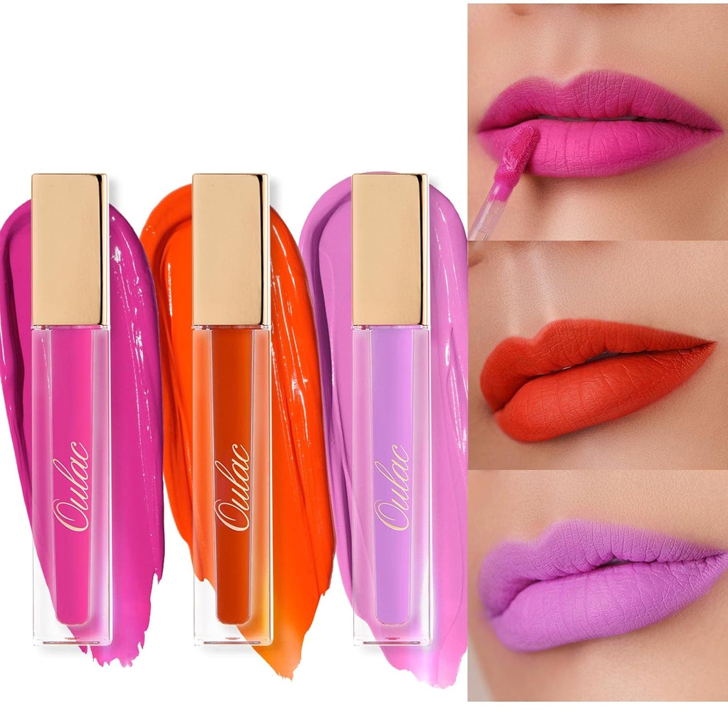 Oulac Pink Matte Lipstick Set for Womenï¼Purple, Orange Lip Stain Long Lasting Waterproof, No Transfer, Creamy High Pigmented Formula with Rose Oil, Vegan & Cruelty-Free (M06+M07+M14)