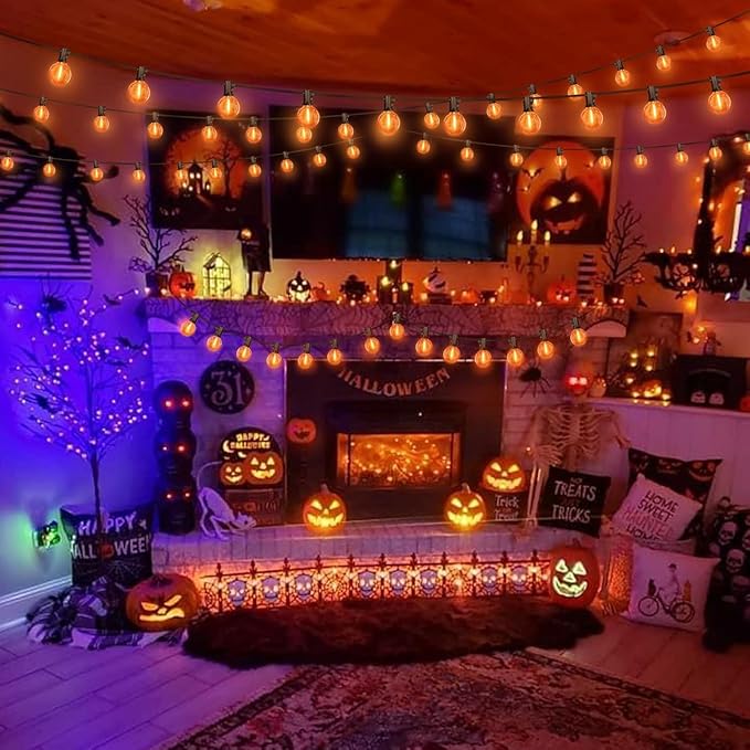 LAMPHOME 2-Pack Globe Outdoor Halloween String Lights, 26FT Patio Lights with 12+1 Edison Shatterproof Bulbs(1 Spare), Connectable Dimmable Orange Lights for Backyard Porch Halloween Decor