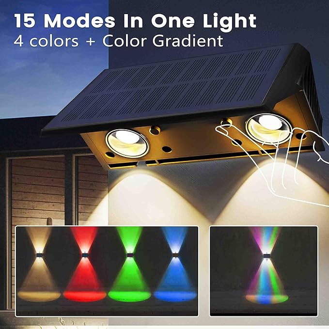 Fence Lights Solar Powered, 6-Pack Solar Fence Lights Up/Down Flexible Buttons, IP67 Waterproof for Outdoor, 100LM Bright, Auto Dusk to Dawn for Wall/Stairs/Yard/Railing/Deck/Pathway (White & RGB)