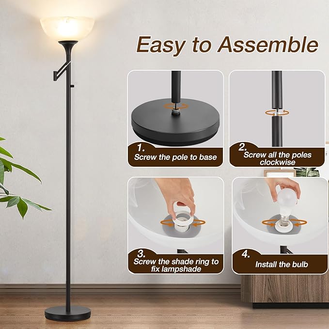 Floor Lamps for Living Room Black, 70" Tall Standing Lamp with Glass Shade, Torchiere Floor Lamp with 350°Adjustable Swing Arm Lamp, Pole lamp for Bedroom, Living Room, Office, Bulbs Included