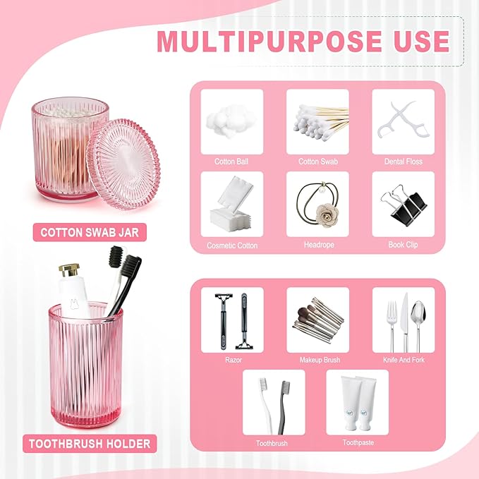 Pink Bathroom Accessories Set, 4 Pcs Glass Bathroom Accessory Set, Pink Soap Dispenser and Toothbrush Holder Set, Qtip Holder Set, Vintage Bathroom Sink Set, Cute Bathroom Decor