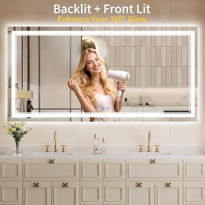 30"x60" LED Bathroom Mirror with Lights, Anti-Fog, Backlit + Front Lit, Dimmable, Led Vanity Mirror for Wall, Lighted Bathroom Mirror, 3 Colors, Shatter-Proof Tempered Glass