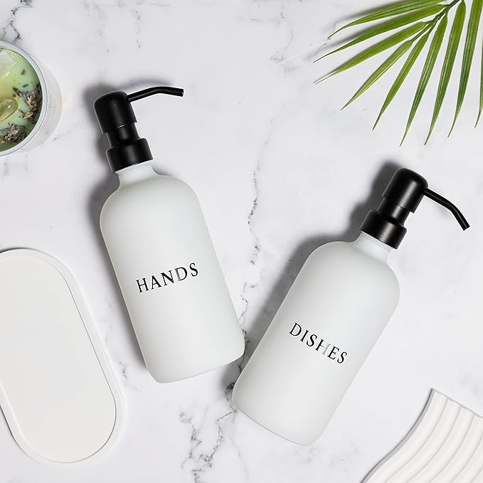 Glass Hand and Dish Soap Dispenser Set with Bamboo Tray – 16 oz Kitchen Soap Dispenser Set, Black Pumps, Silicone Funnel – Modern Farmhouse Kitchen Sink Decor and Accessories