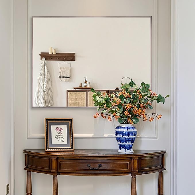24x30 Inch Pewter Bathroom Mirror for Wall, Aluminum Frame Rectangle Rectangular Vanity Mirror, Modern Large for Bedroom, Living Room, Horizontal or Vertical
