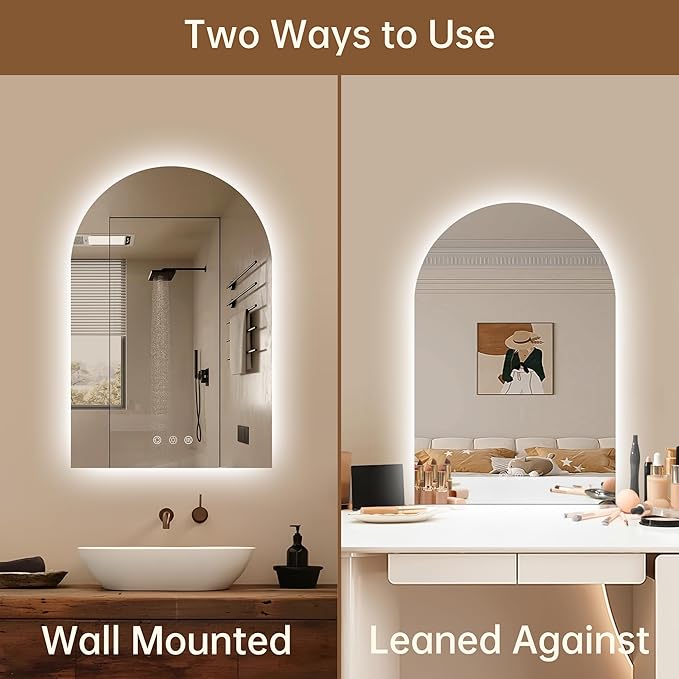 Arched Backlit Mirror Bathroom 24"x36"- Frameless LED Bathroom Mirror with Lights, Fogless, Dimmable, 3 Color Changing, Shatterproof, Touch Sensor