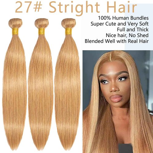 Fabimiya 18 20 22 Inch Human Hair Bundles Honey Blonde 27# Straight Bundles Human Hair 100% Unprocessed Soft Sewn In Hair with Double Weft for Black Women