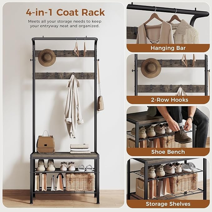 NEWBULIG Hall Tree with Shoe Bench and Coat Rack, 4-in-1 Entryway Organizer with 10 Hooks and Storage Shelf, Rustic Wood Finish Entryway Bench for Mudroom, Living Room, Bedroom