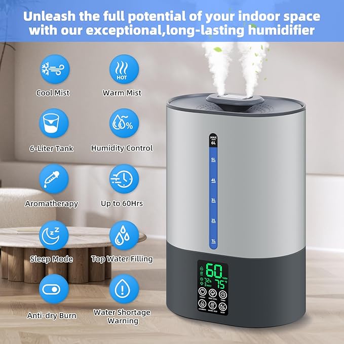 6L Humidifiers for Bedroom Large Room Home,Cool and Warm Humidifier for Baby and Plants Mist Top Fill Desk Humidifiers Essential Oil Diffuser, Quiet with Adjustable Mist,360°Nozzle-Grey