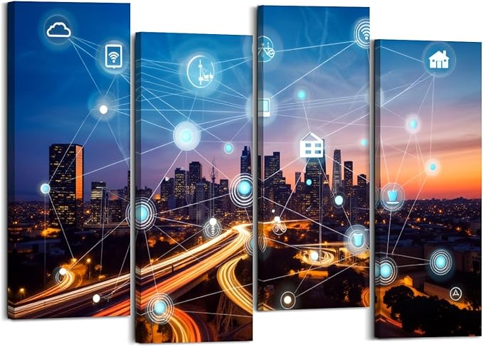 Canvas Wall Art Prints Pictures smart city wireless communication network Framed Posters Modern Wall Painting Artwork Gift Home Decor for Living Room Ready to Hang 4 Panel
