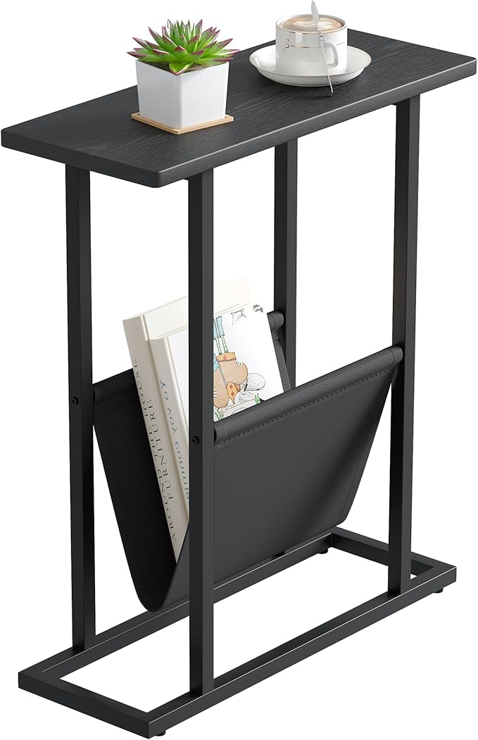 Yusong Small Narrow Side Table for Small Spaces, 17.7" W Slim End Table Nightstand with Storage Holder, Accent Skinny Snack Couch Bedside Table, Black Oak, Complete Iron Pipes