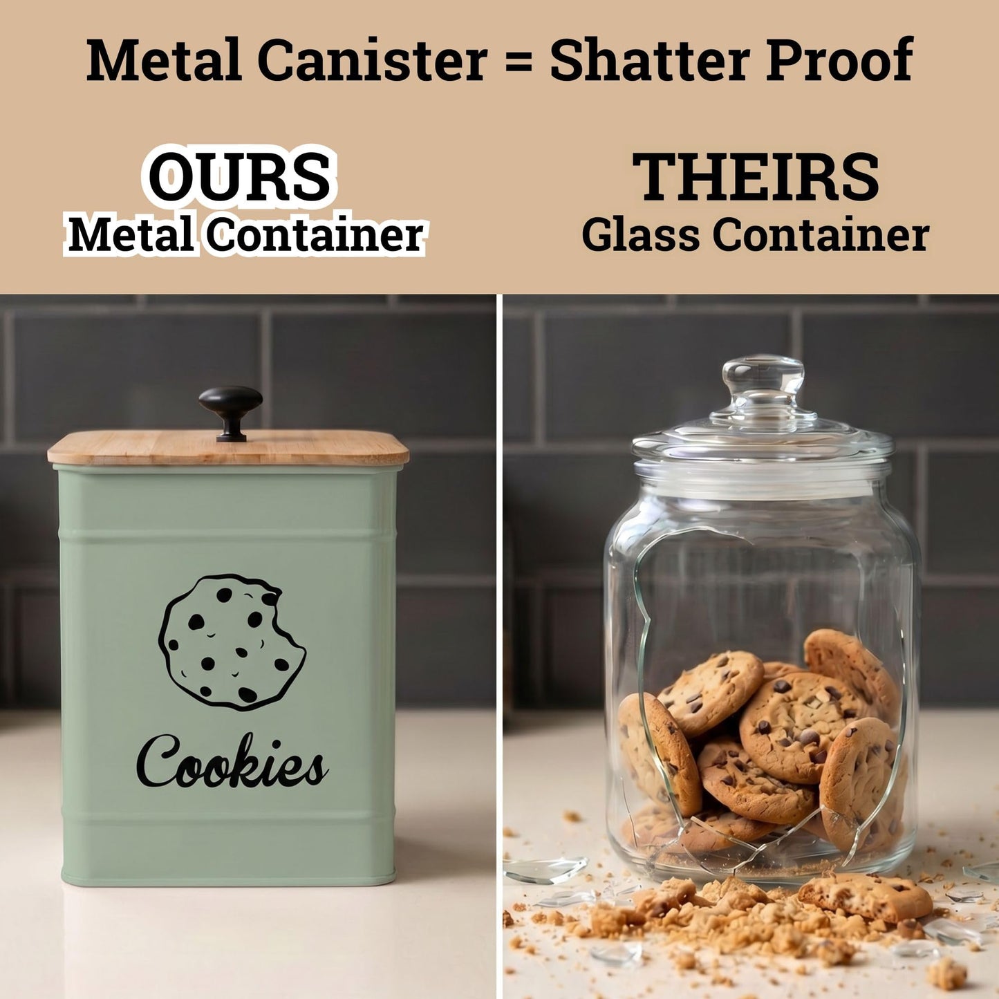 Cookie Jar with Airtight Lid - 1 Gallon - 6"D x 8""H Green Iron Cookie Tin with Bamboo Lid - Large Cookie Jars with Lids Airtight - Farmhouse Cookie Jars for Kitchen Counter Decorative - Cookies Jar"