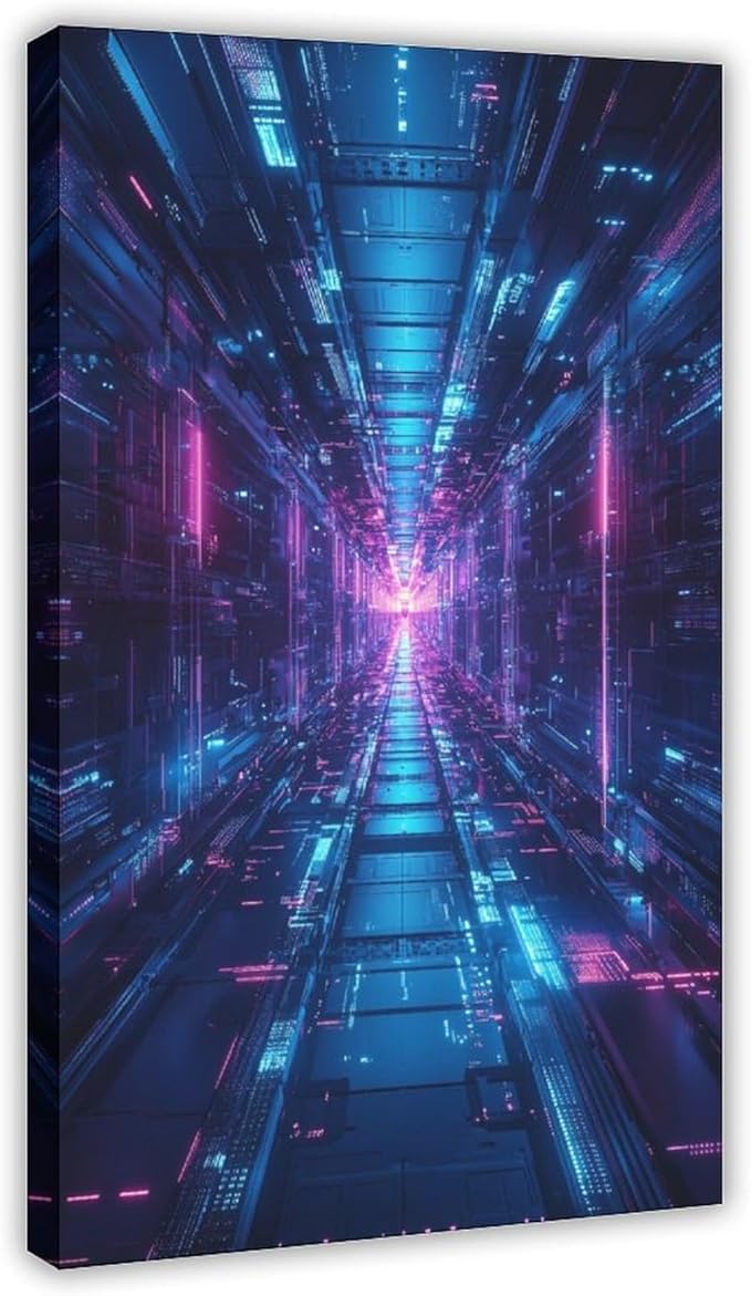 High-Tech Digital Abstract Wall Art – Glowing Geometric Canvas Print – Minimalist Futuristic Aesthetic Home Decor Poster Canvas Artwork Prints Rustic Farmhouse Decorations for Living Room Bathroom Bed