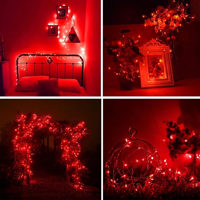 RUICHEN Plug in Fairy String Lights with Switch, Waterproof 66 Ft 200 LED Copper Wire Firefly Lights for Christmas, Parties, Wedding, Ceiling, Craft, Vases, Red