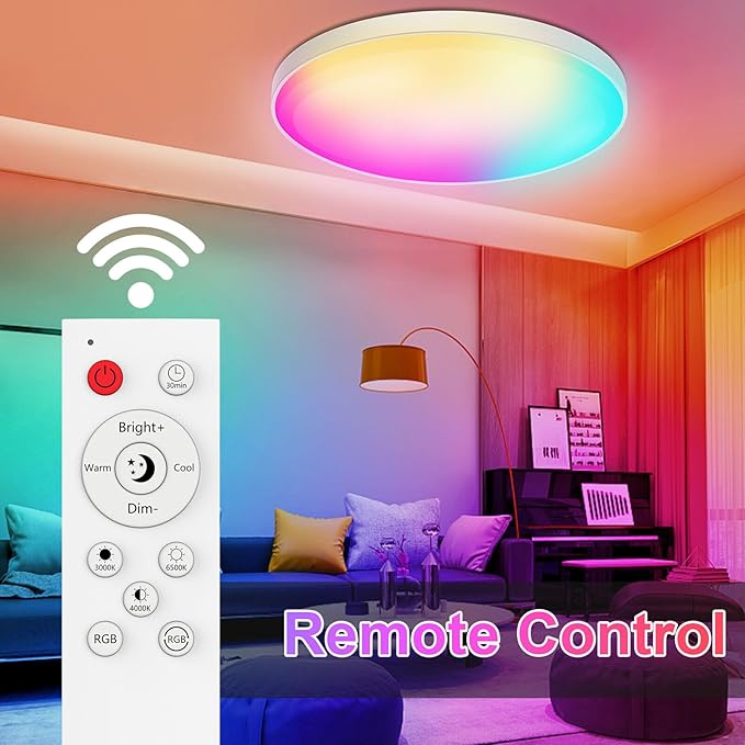Smart Ceiling Light 30W, 12IN RGBWW LED Panel Light with App & Remote Control, 16M Colors & White (2700K-6500K), Music Sync, Works with Alexa & Google Assistant, for Bedroom, Kitchen, Living Room