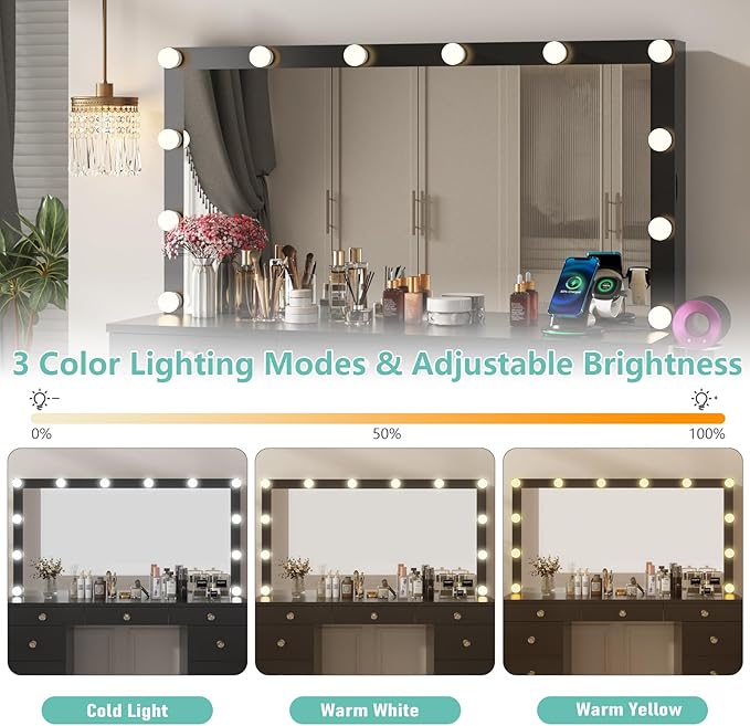 Likein Vanity Desk with Mirror and Lights,Black Vanity with Jewelry Storage Cabinet,Makeup Dressing Table for Bedroom with 11 Drawers, Power Strip, Crystal Knobs,3 Color Lighting Modes for Women,Girls