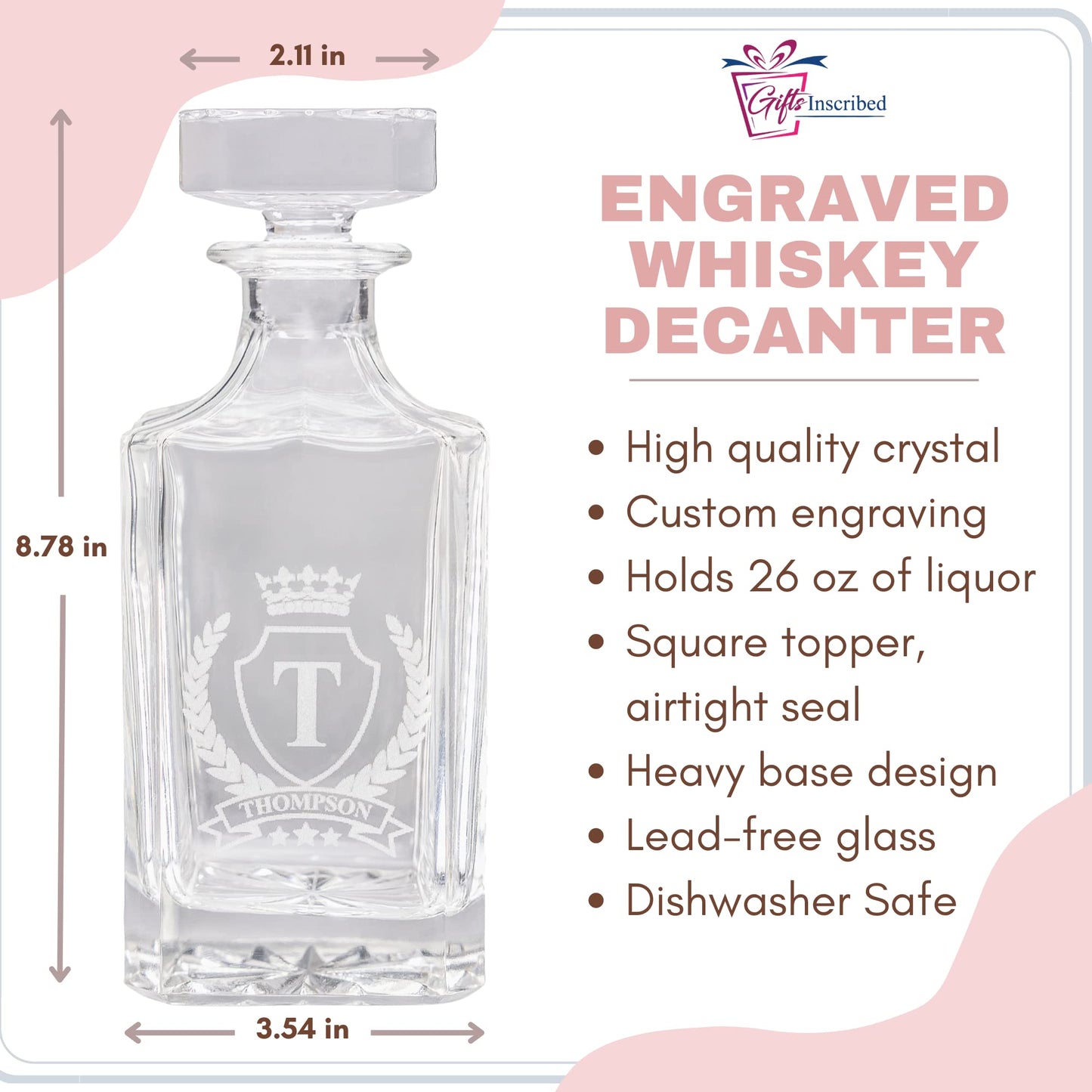 Gifts Inscribed Personalized Whiskey Decanter Set - Engraved Whiskey Decanter Bottle & Set of 2 Custom Drinking Glasses Laser Etched - Customized Whisky Gift for Wedding, Birthday, Fathers Day