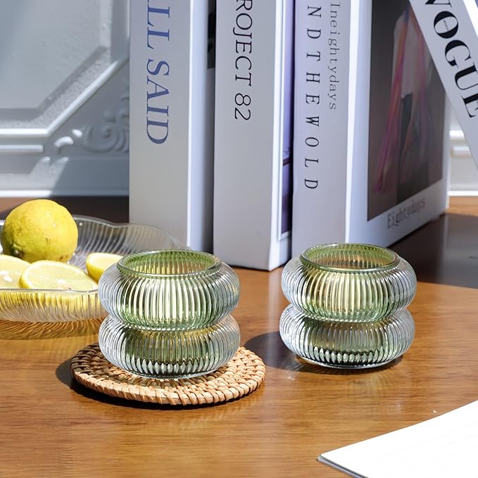 Woho Ribbed Glass Votive Candle Holders Set of 6, Vintage Tealight Candle Holder for Wedding Decor, Elegant Tea Lights Candle Holder for Dinner Table/Christmas Decorations(Green, 2.1" H X 2.75" D)