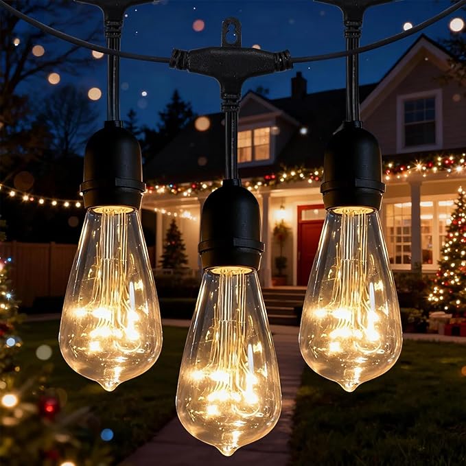 Afirst Outdoor String Lights Weatherproof Connectable LED Edison String Lights, Black Cord with Clear Plastic Bulbs, Starry Theme