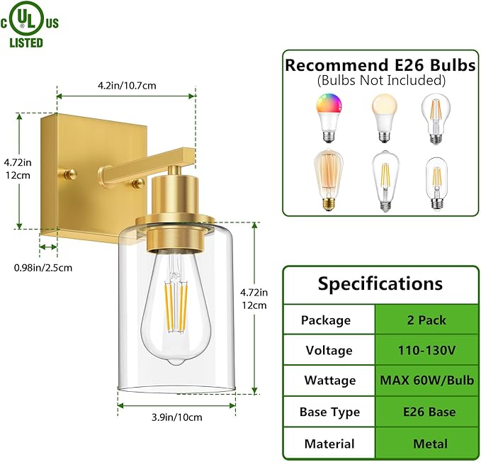 Licperron Gold Wall Sconces Set of 2, Bathroom Sconces Wall Lighting with Clear Glass Shade, Modern Brushed Glod Vanity Wall Light Fixtures for Bedroom, Mirror, Living Room, Hallway, E26 Base