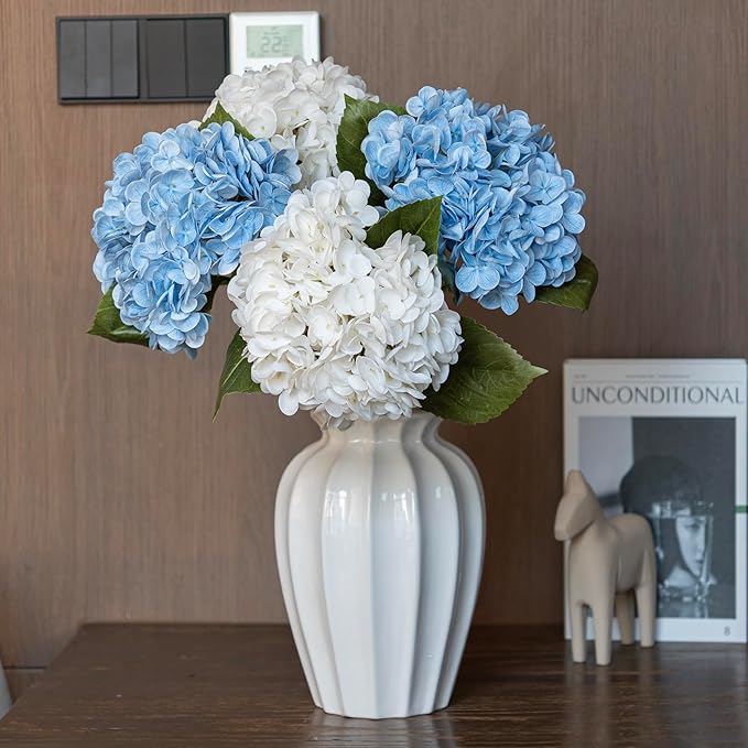 4PCS Artificial Flowers Large Hydrangeas Flowers Latex Bouquet for Wedding Bridal Office Home Party Decoration (2Pcs White+2Pcs Blue)