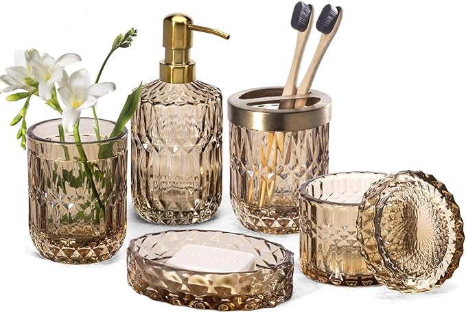 EMPO 6PCS Bathroom Clear Glass Accessories Set (Lotion Soap Dispenser, Soap Dish, Toothbrush Holder, Tumbler, Cotton Swab Jar), Contemporary Modern Decor Crystal Vintage Gift (6pcs Brown)