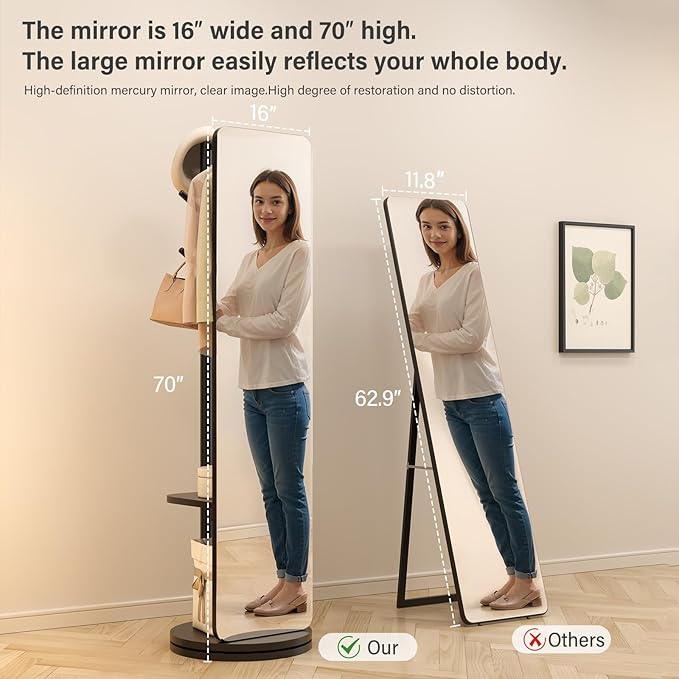 70"x19"Full Length Mirror with Stand,Coat Rack with Mirror,Solid Wood Floor Mirror,Swivel Mirrorfor Bedroom, Living Room, Cloakroom