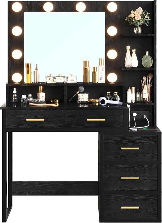 Tiptiper Makeup Vanity with Lights, Black Vanity Desk with Mirror & 3 Lighting Modes, Vanity Table with USB Ports and Outlets, Makeup Table with Nightstand & Storage Shelves & Drawers (Modern Black)