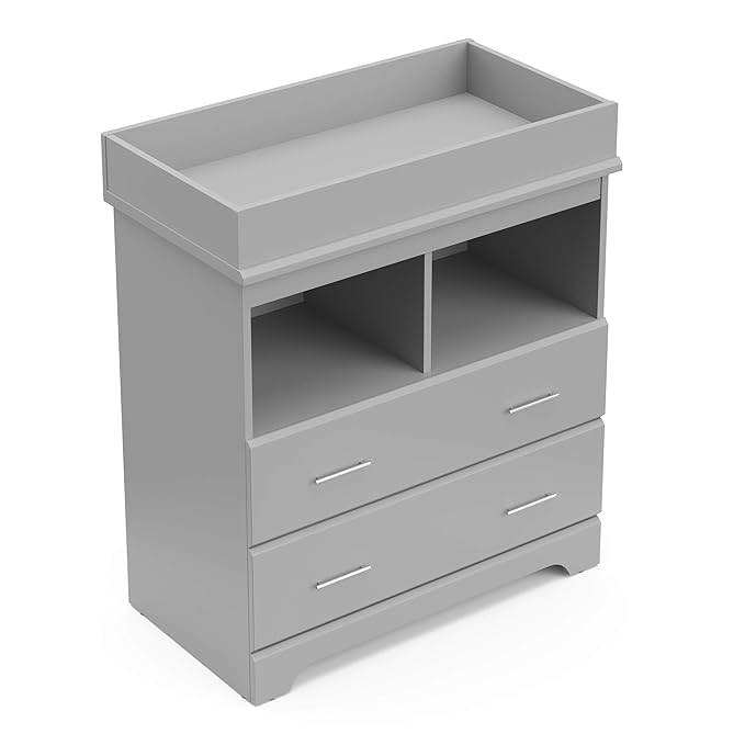 Storkcraft Brookside 2 Drawer Changing Table Dresser (Pebble Gray) – GREENGUARD Gold Certified, Easy-to-Match Chest of Drawers and Cubbies for Nursery and Kids Bedroom, Includes Changing Table Topper