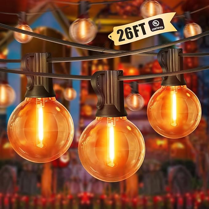 LAMPHOME 2-Pack Globe Outdoor Halloween String Lights, 26FT Patio Lights with 12+1 Edison Shatterproof Bulbs(1 Spare), Connectable Dimmable Orange Lights for Backyard Porch Halloween Decor