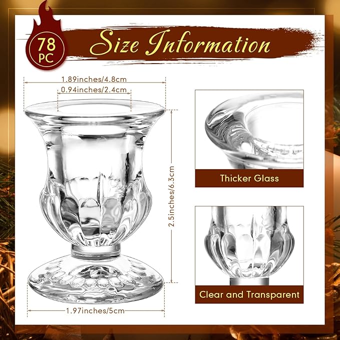 Foaincore 78 Pack Glass Candlestick Holders Bulk 2.5 Inch Taper Candle Holders Small Ritual Candle Stand Table Centerpieces for Wedding Christmas Valentine's Festival Party Dining Decorations (Clear)