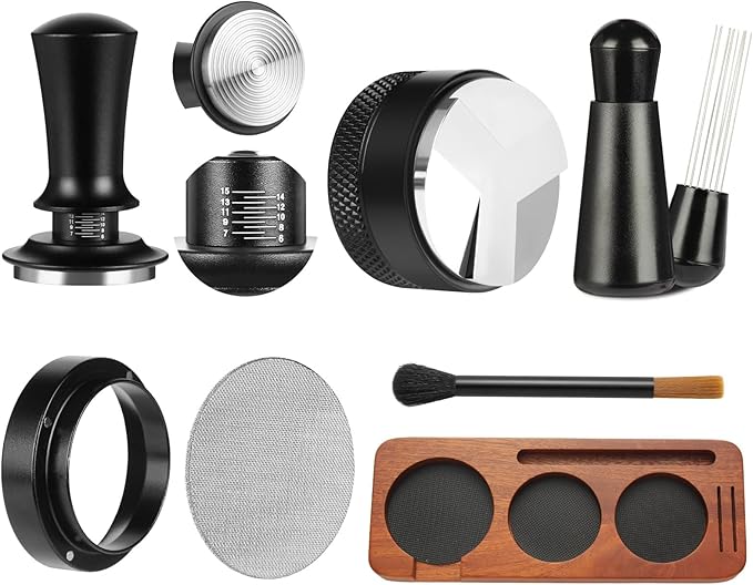 7 PCS Espresso Accessories,51mm Espresso Tamper Tools,WDT Tool Espresso Machine Accessories Kit,Coffee Tamper with Wood Espresso Tamping Station,Distributor,Stirrer,Dosing Funnel,Brush,Puck Screen