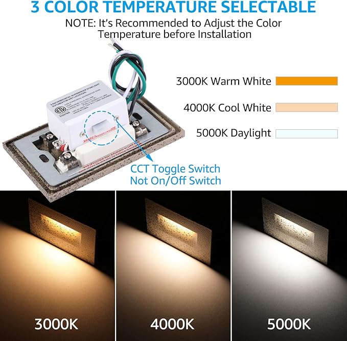 LEONLITE 120V Line Voltage 3CCT LED Step Lights, 3000K/4000K/5000K Selectable, 3.5W 150LM Dimmable Aluminum Stair Lights, IP65 Waterproof, CRI 90, ETL Listed, Pebble Grey, Pack of 6