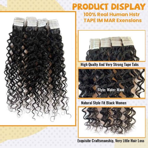 Loose Curly Tape in Human Hair Extensions 18Inch #1B Natural Black Water Wave Tape ins 100% Real Human Hair Extensions for Black Women Double Sided Skin Weft 40PCS 100G