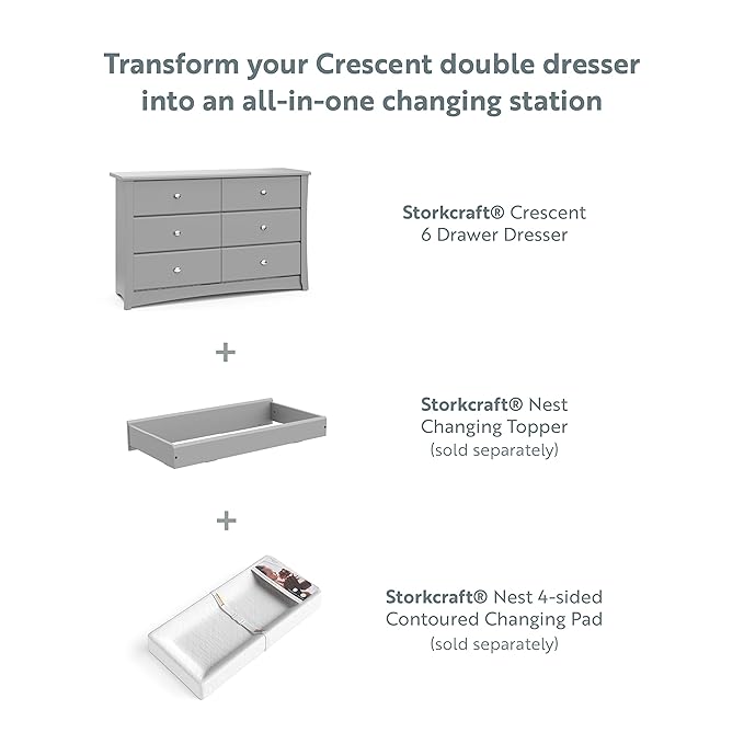 Storkcraft Crescent 6-Drawer Dresser (Pebble Gray) – GREENGUARD Gold Certified, Gray Dresser for Bedroom, Kids & Nursery Storage Chest, Safety Interlocking Drawers, Pre-Installed Tracks, Kids Chest