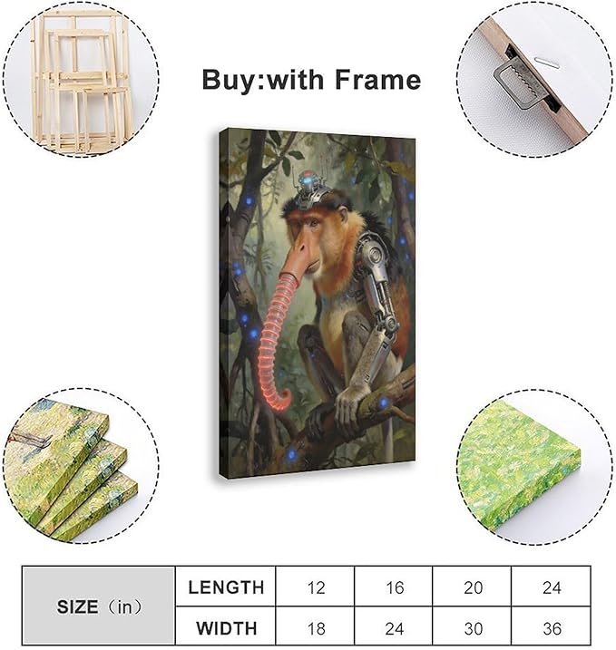 Framed Steampunk Mechanical Proboscis Monkey Wall Art - Jungle Neon Retro Poster for Apartment Leisure Area Decor 08x12inch(20x30cm)