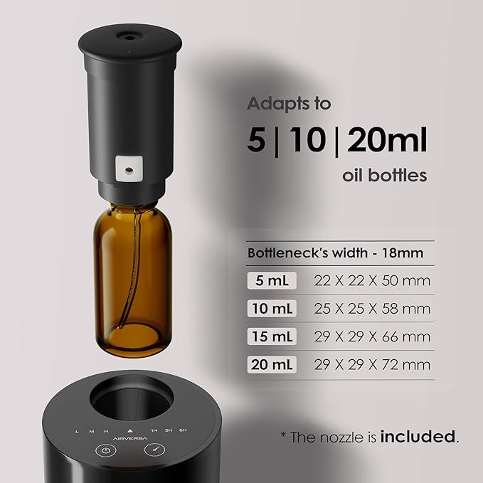 Airversa Waterless Essential Oil Diffuser Starter Kit with 4 x 10mL Fragrance Scent Oil, Battery Operated Mini Scent Air Machine Portable Diffuser for Home Car Office, AN6 Black Kit01