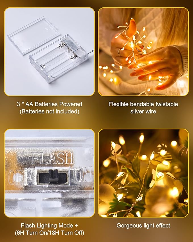 4 Pack Fairy Lights Battery Operated, 5 Feet 60 LED Twinkle String Lights Waterproof Firecracker Starry Lights for DIY Wreath Home Wedding Bedroom Mason Jar Holiday Christmas Decorations, Warm White